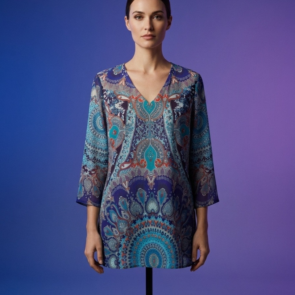 Chicos Size M V-Neck Paisley Print Tunic Top - Blue